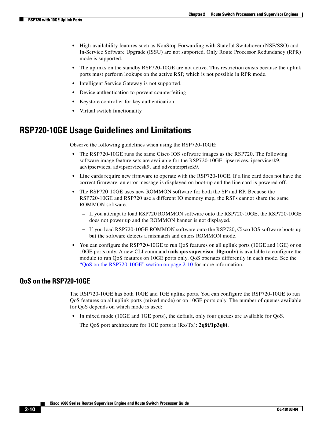 Cisco Systems 7600 manual RSP720-10GE Usage Guidelines and Limitations, QoS on the RSP720-10GE, 2-10 