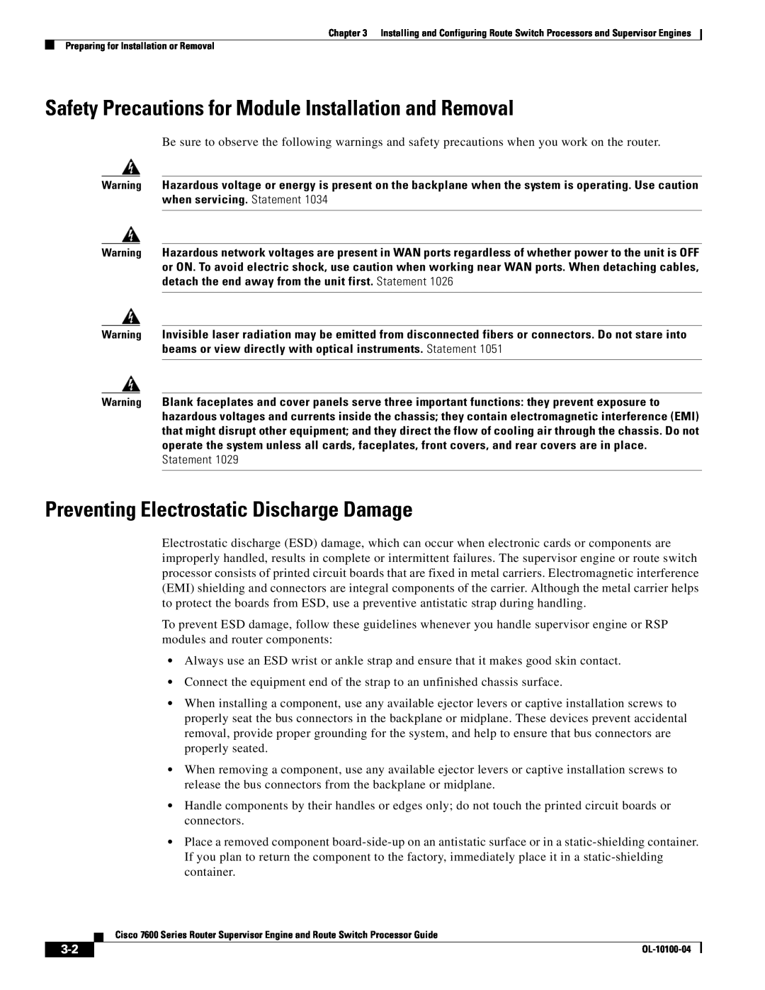 Cisco Systems 7600 manual Safety Precautions for Module Installation and Removal, Preventing Electrostatic Discharge Damage 