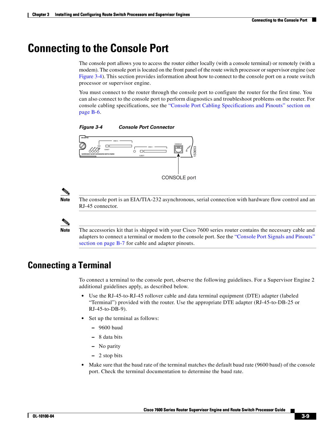 Cisco Systems 7600 manual Connecting to the Console Port, Connecting a Terminal 