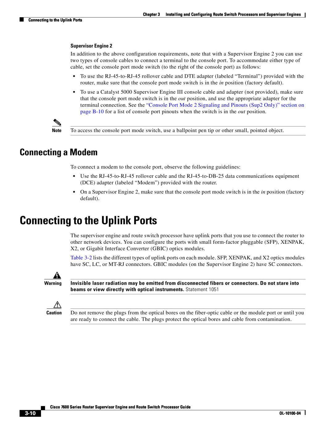 Cisco Systems 7600 manual Connecting to the Uplink Ports, Connecting a Modem, 3-10 