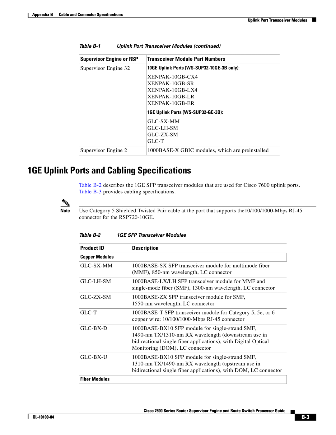 Cisco Systems 7600 manual 1GE Uplink Ports and Cabling Specifications 