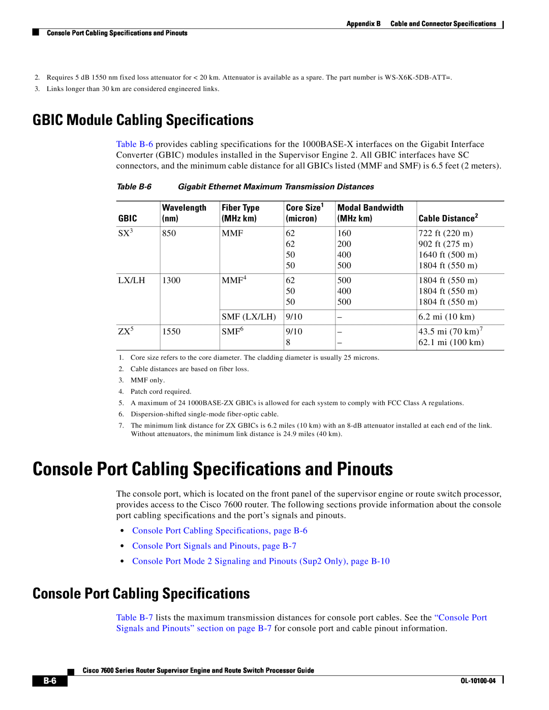 Cisco Systems 7600 manual Console Port Cabling Specifications and Pinouts, GBIC Module Cabling Specifications 