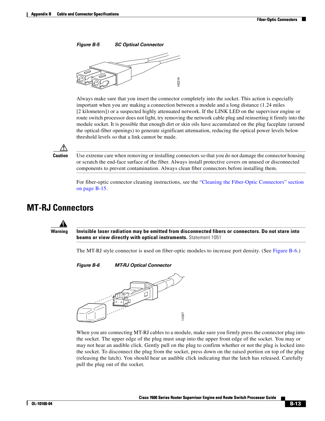 Cisco Systems 7600 manual MT-RJ Connectors, B-13 