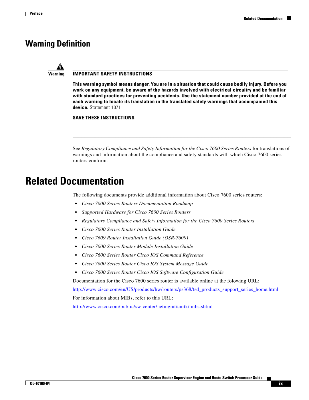 Cisco Systems manual Related Documentation, Warning Definition, Cisco 7600 Series Routers Documentation Roadmap 
