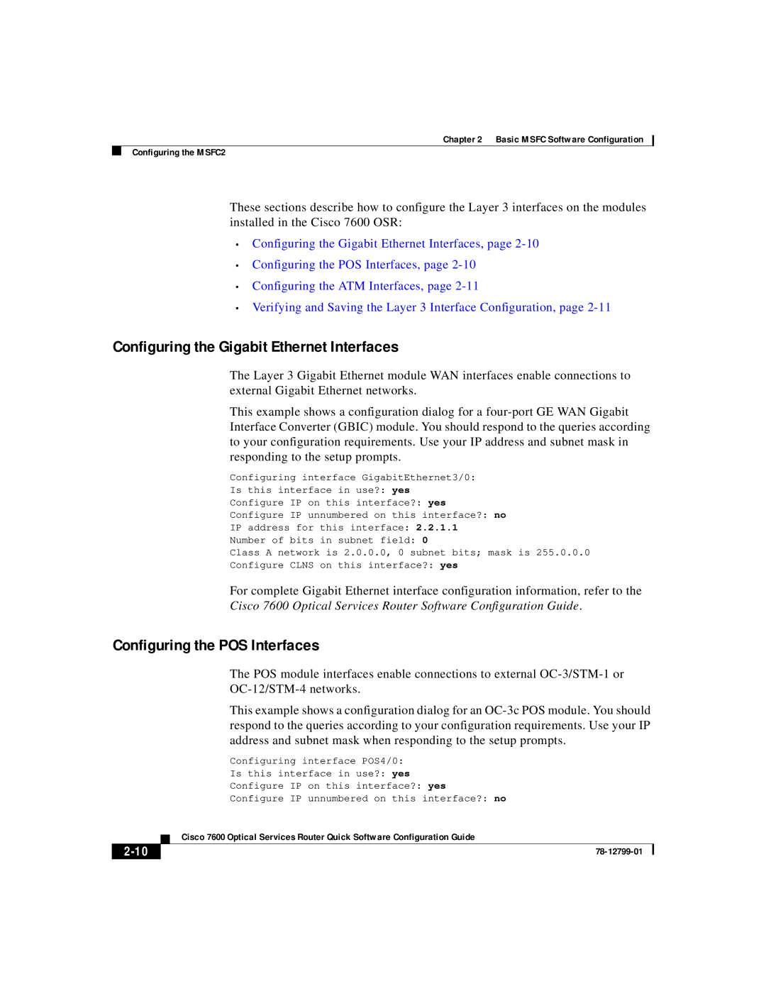 Cisco Systems 7600 manual Configuring the Gigabit Ethernet Interfaces, Configuring the POS Interfaces 