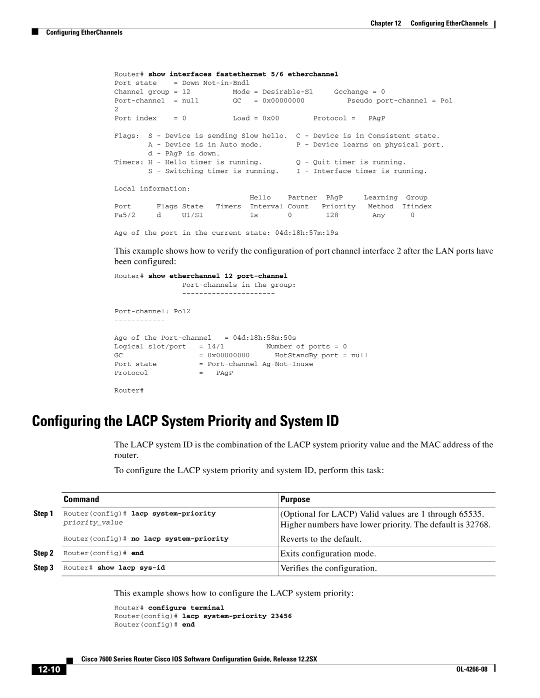 Cisco Systems 7600 manual Configuring the Lacp System Priority and System ID, 12-10 