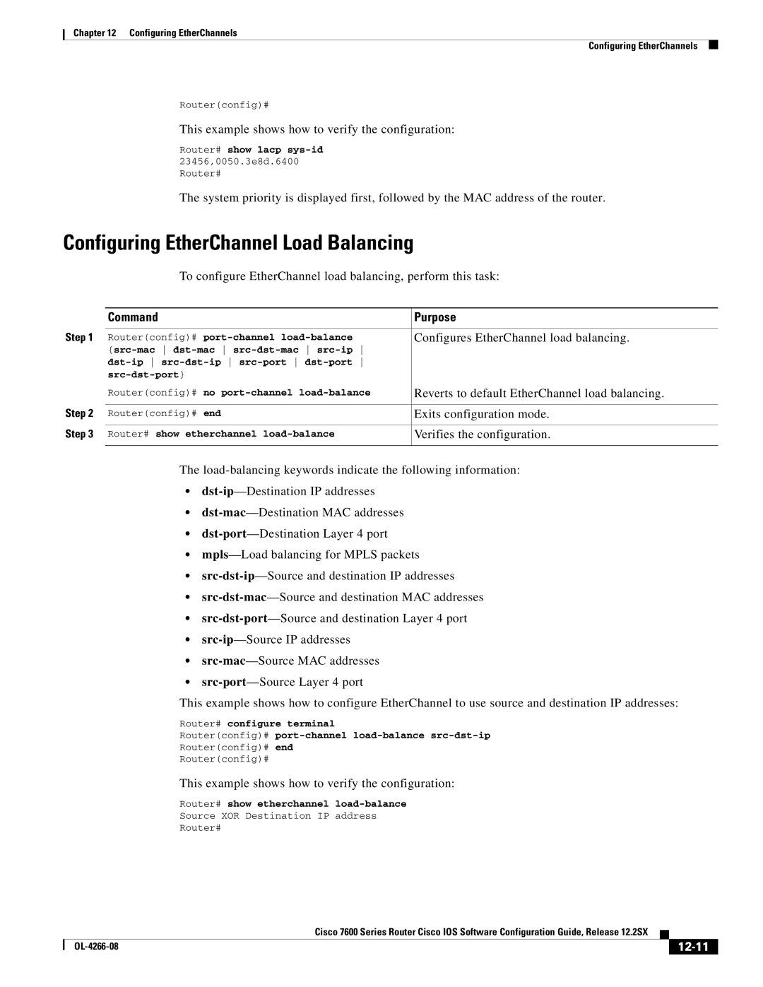 Cisco Systems 7600 manual Configuring EtherChannel Load Balancing, Configures EtherChannel load balancing, 12-11 