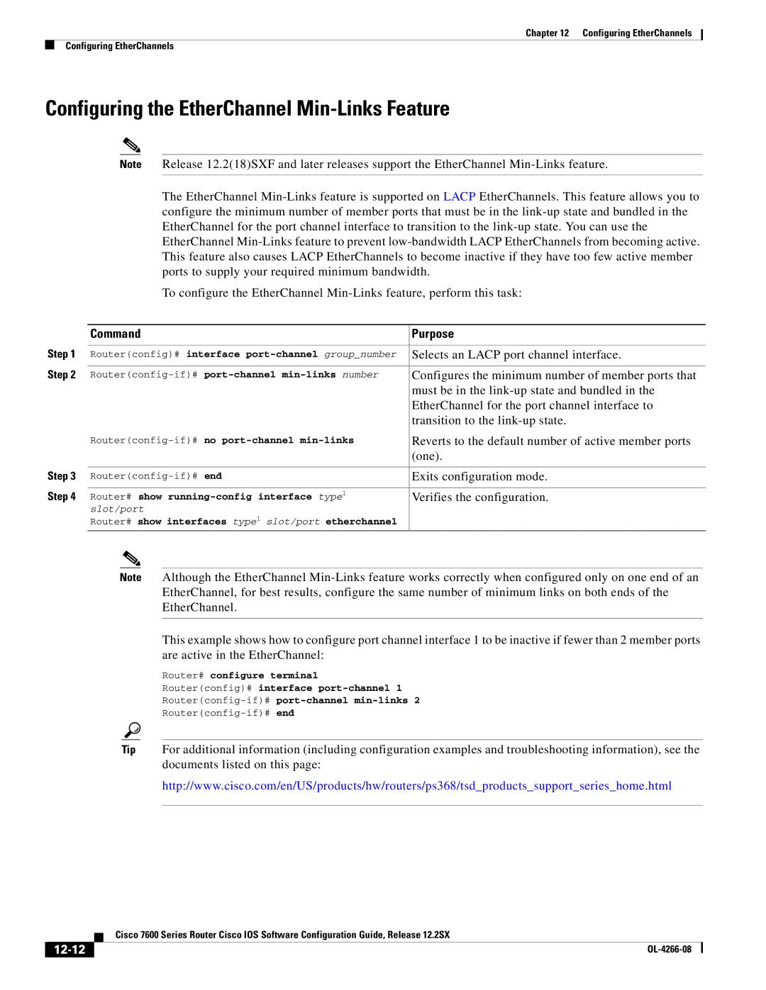 Cisco Systems 7600 Configuring the EtherChannel Min-Links Feature, 12-12, Routerconfig-if# port-channel min-links number 