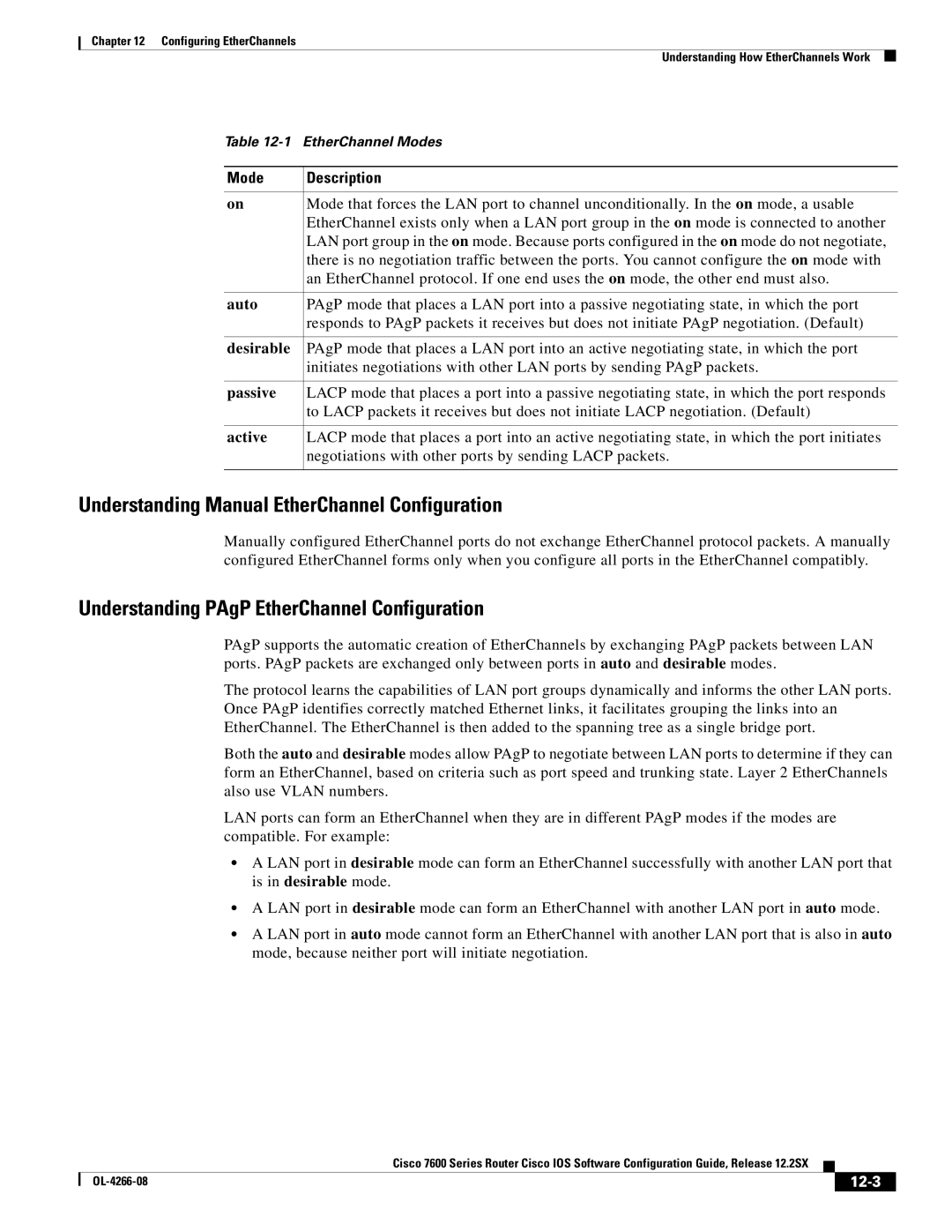 Cisco Systems 7600 Understanding Manual EtherChannel Configuration, Understanding PAgP EtherChannel Configuration, 12-3 