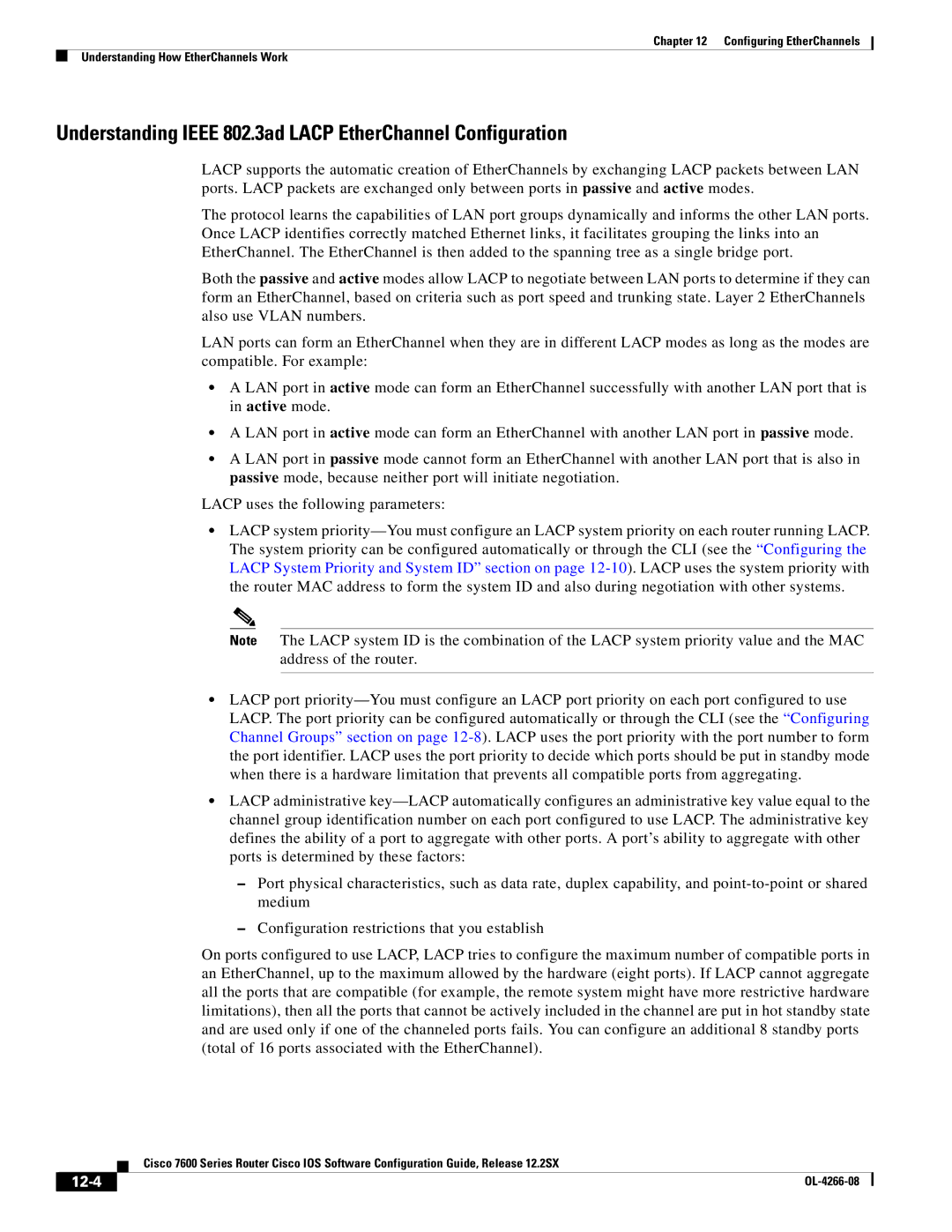 Cisco Systems 7600 manual Understanding Ieee 802.3ad Lacp EtherChannel Configuration, 12-4 