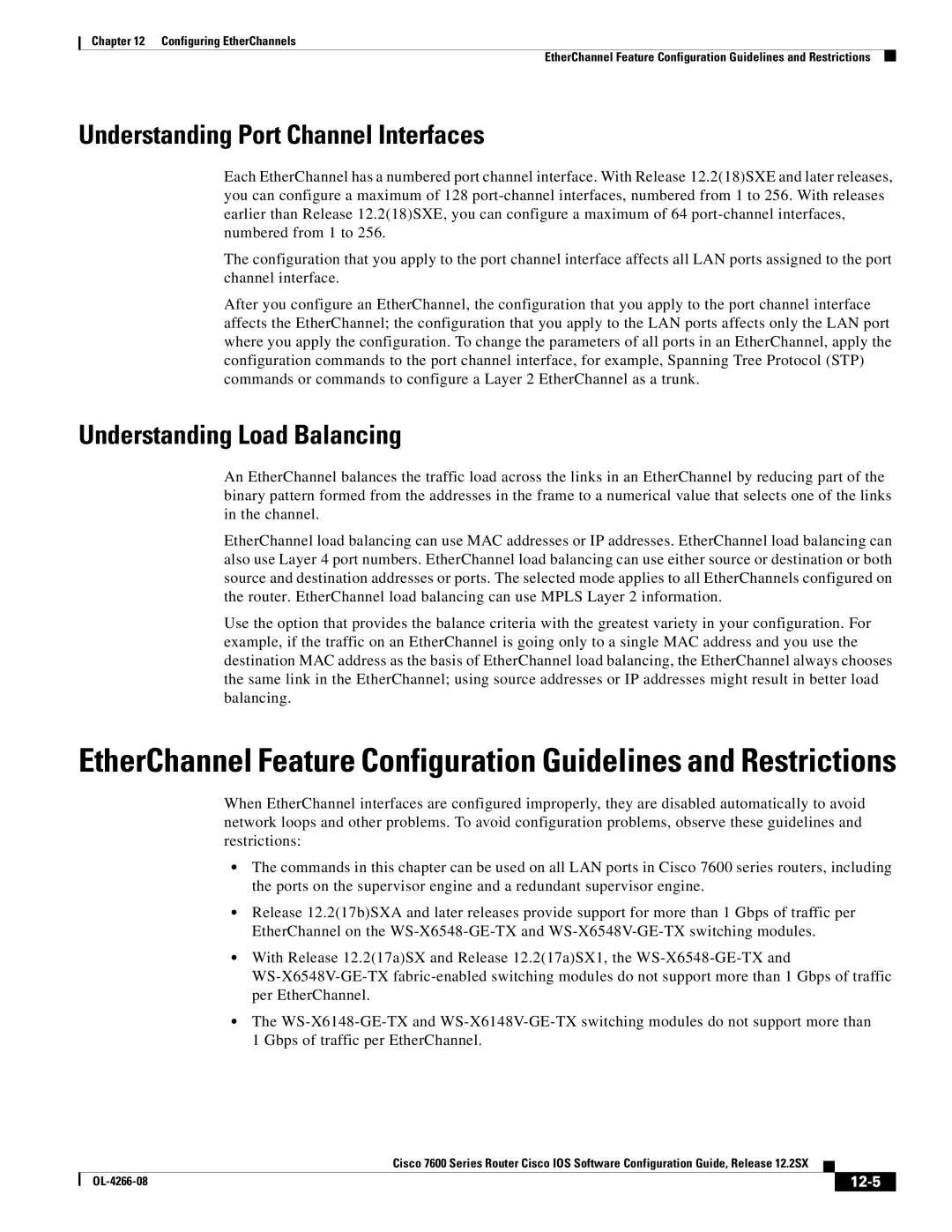 Cisco Systems 7600 manual Understanding Port Channel Interfaces, Understanding Load Balancing, 12-5 