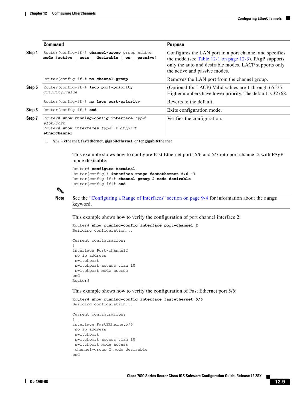 Cisco Systems 7600 manual 12-9, Routerconfig-if# no lacp port-priority, Router# show running-config interface type 