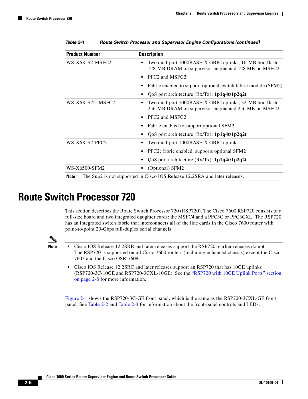 Cisco Systems 7600 manual Route Switch Processor, WS-X6K-S2-MSFC2, WS-X6K-S2U-MSFC2, WS-X6K-S2-PFC2 