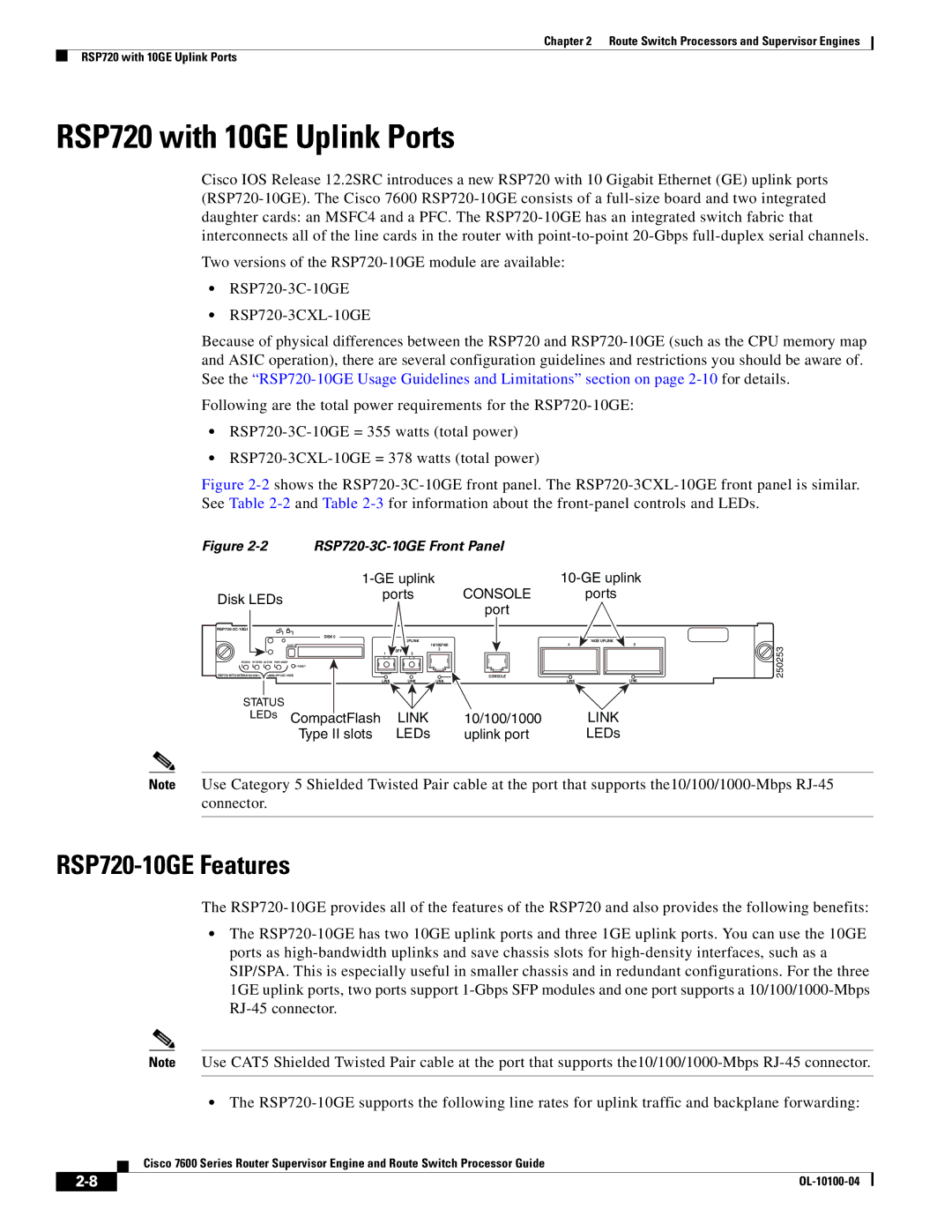 Cisco Systems 7600 manual RSP720 with 10GE Uplink Ports, RSP720-10GE Features 