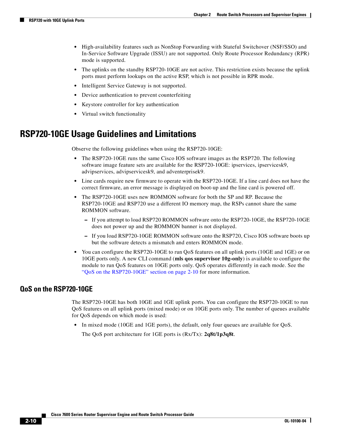 Cisco Systems 7600 manual RSP720-10GE Usage Guidelines and Limitations, QoS on the RSP720-10GE 