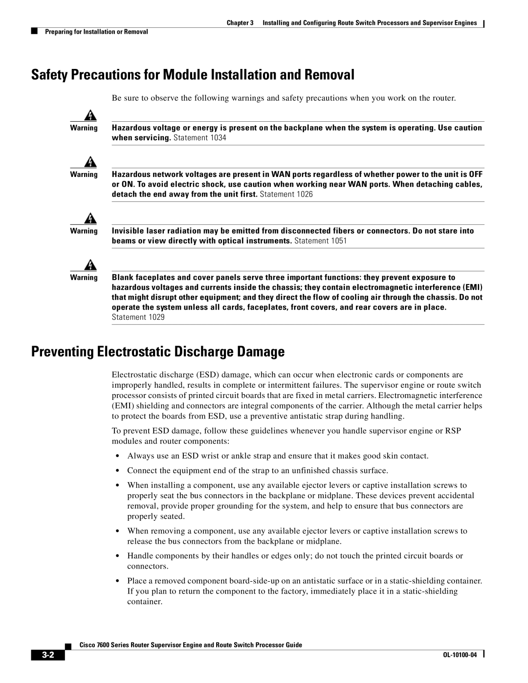 Cisco Systems 7600 manual Safety Precautions for Module Installation and Removal, Preventing Electrostatic Discharge Damage 