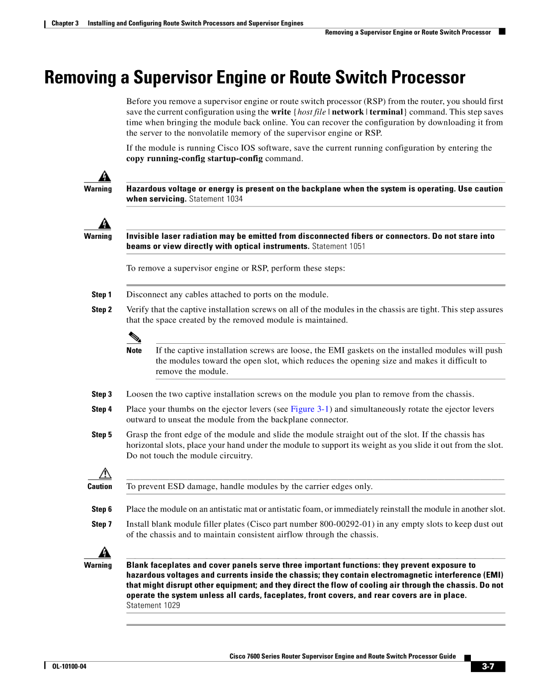 Cisco Systems 7600 manual Removing a Supervisor Engine or Route Switch Processor 