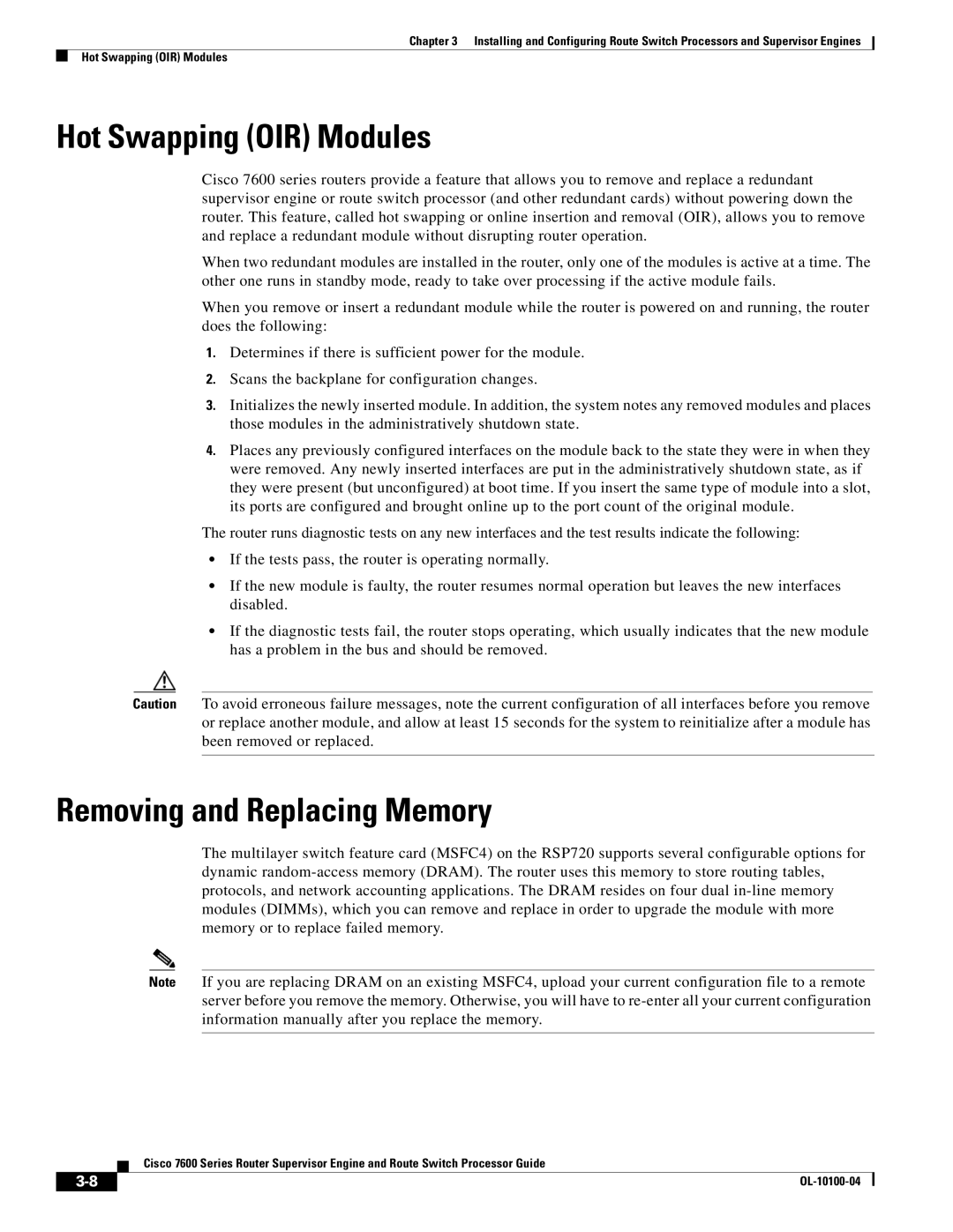 Cisco Systems 7600 manual Hot Swapping OIR Modules, Removing and Replacing Memory 