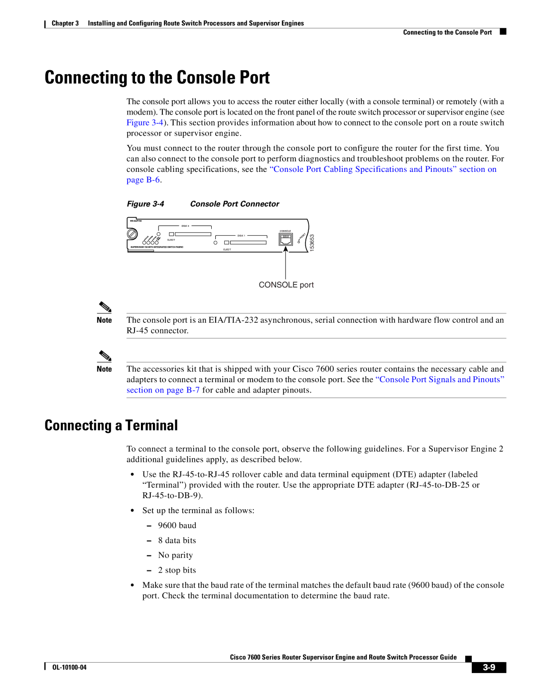 Cisco Systems 7600 manual Connecting to the Console Port, Connecting a Terminal 