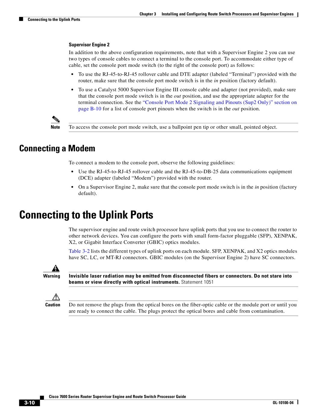 Cisco Systems 7600 manual Connecting to the Uplink Ports, Connecting a Modem, Supervisor Engine 