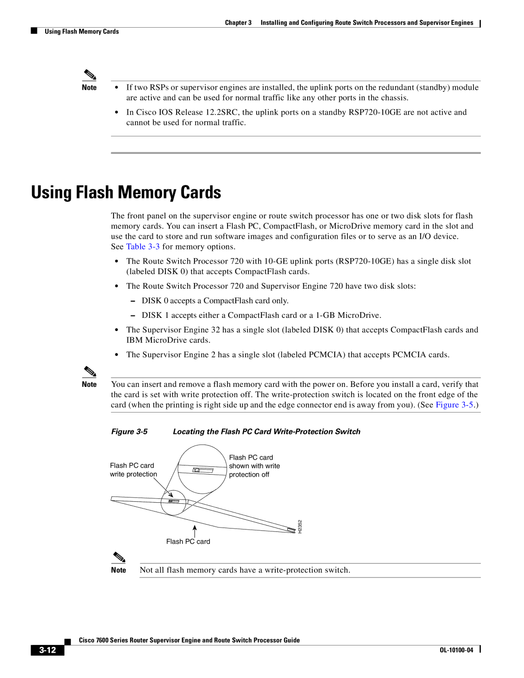 Cisco Systems 7600 manual Using Flash Memory Cards, Locating the Flash PC Card Write-Protection Switch 