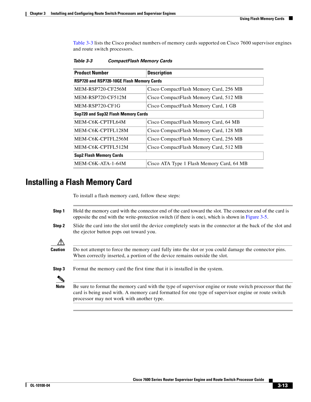 Cisco Systems 7600 manual Installing a Flash Memory Card 