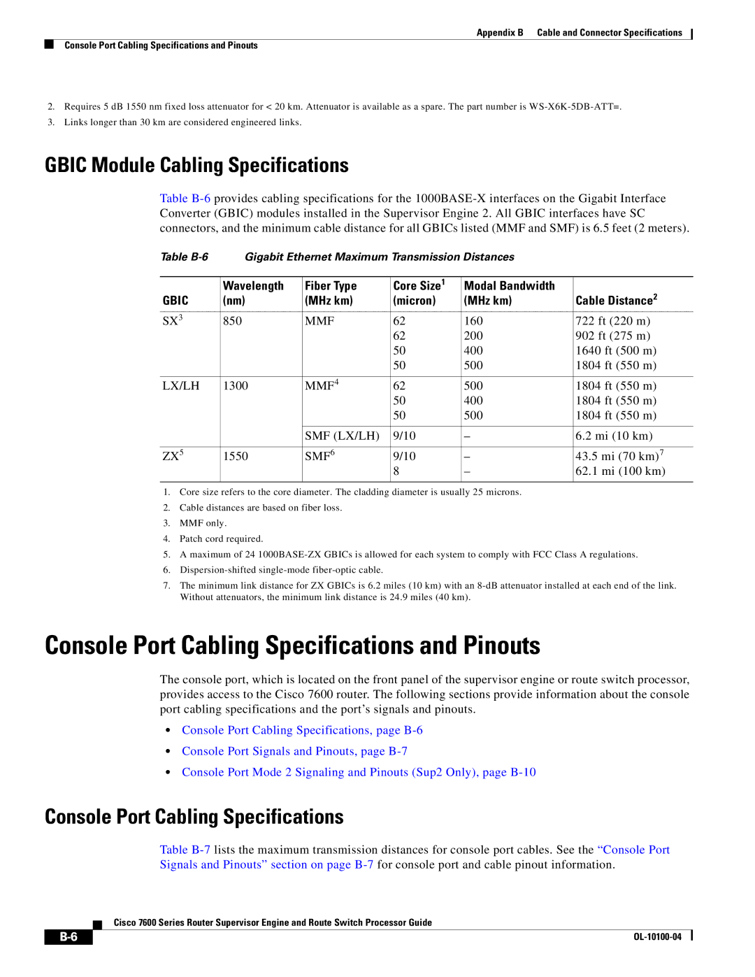 Cisco Systems 7600 Console Port Cabling Specifications and Pinouts, Gbic Module Cabling Specifications, MHz km Micron 