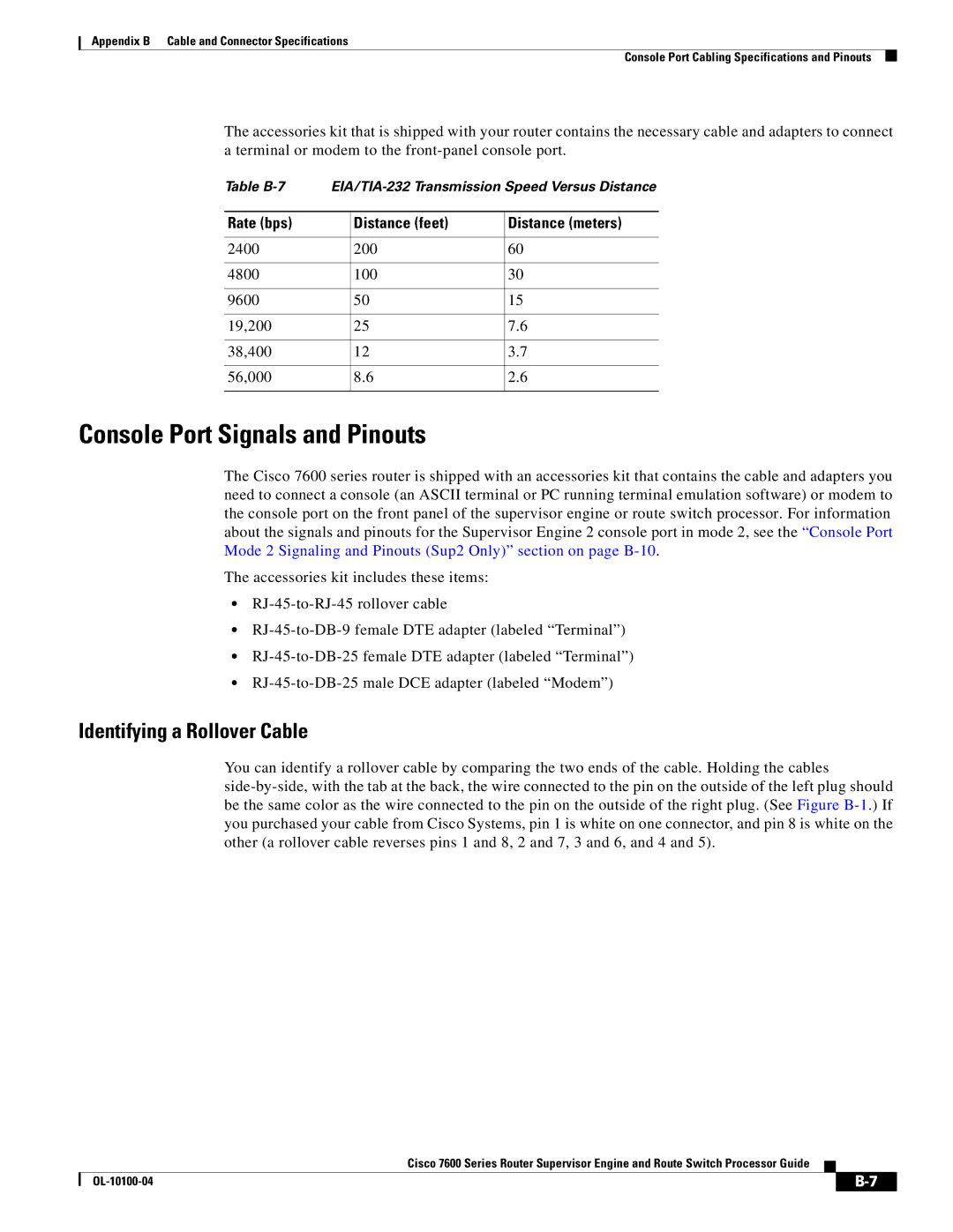 Cisco Systems 7600 manual Console Port Signals and Pinouts, Rate bps Distance feet Distance meters 