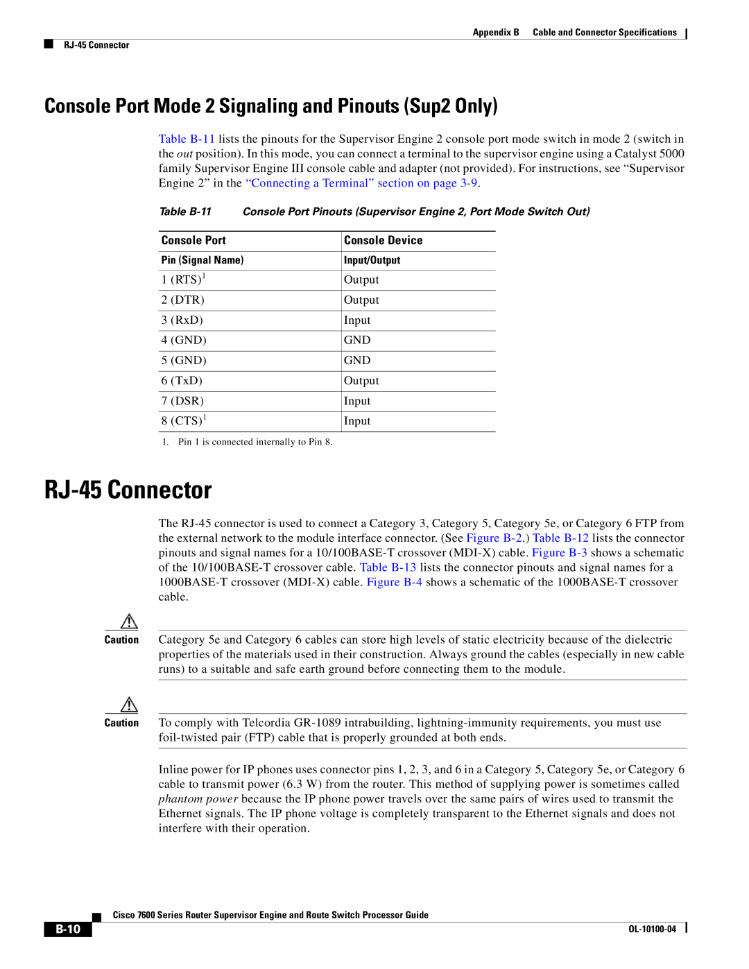 Cisco Systems 7600 manual RJ-45 Connector, Console Port Mode 2 Signaling and Pinouts Sup2 Only, Console Port Console Device 