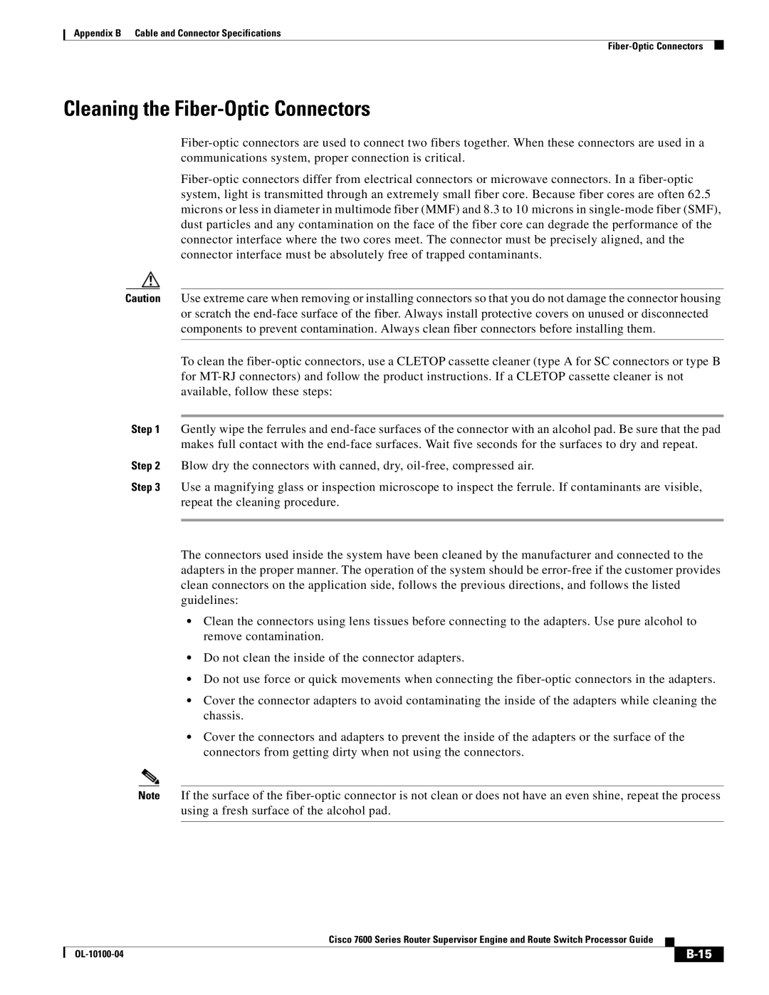 Cisco Systems 7600 manual Cleaning the Fiber-Optic Connectors 