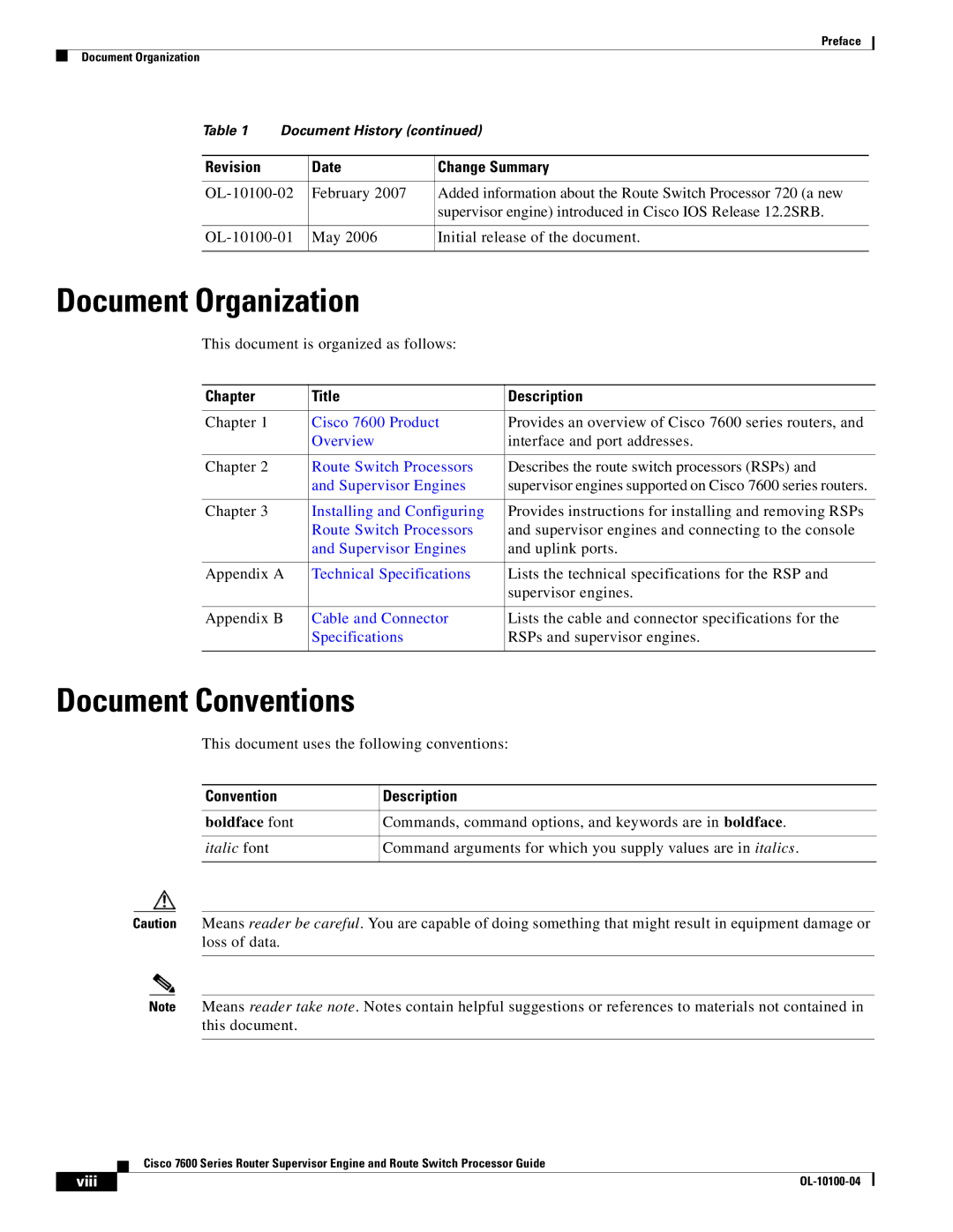 Cisco Systems 7600 manual Document Organization, Document Conventions, Chapter Title Description, Convention Description 