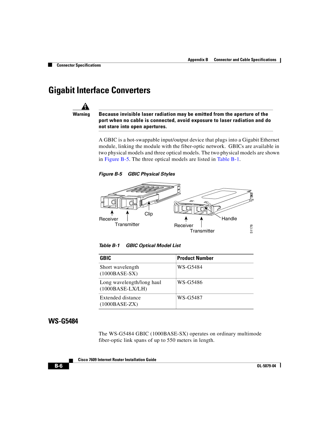 Cisco Systems 7609 manual Gigabit Interface Converters, WS-G5484 