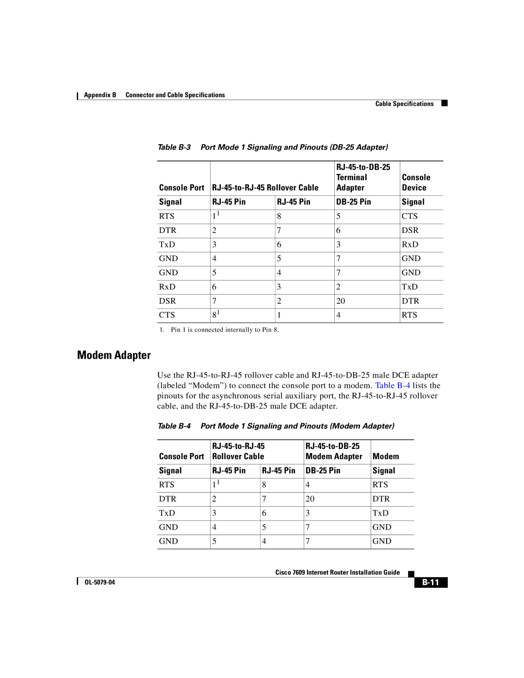 Cisco Systems 7609 manual Modem Adapter, RJ-45-to-DB-25 Terminal Console, RJ-45-to-RJ-45 RJ-45-to-DB-25 