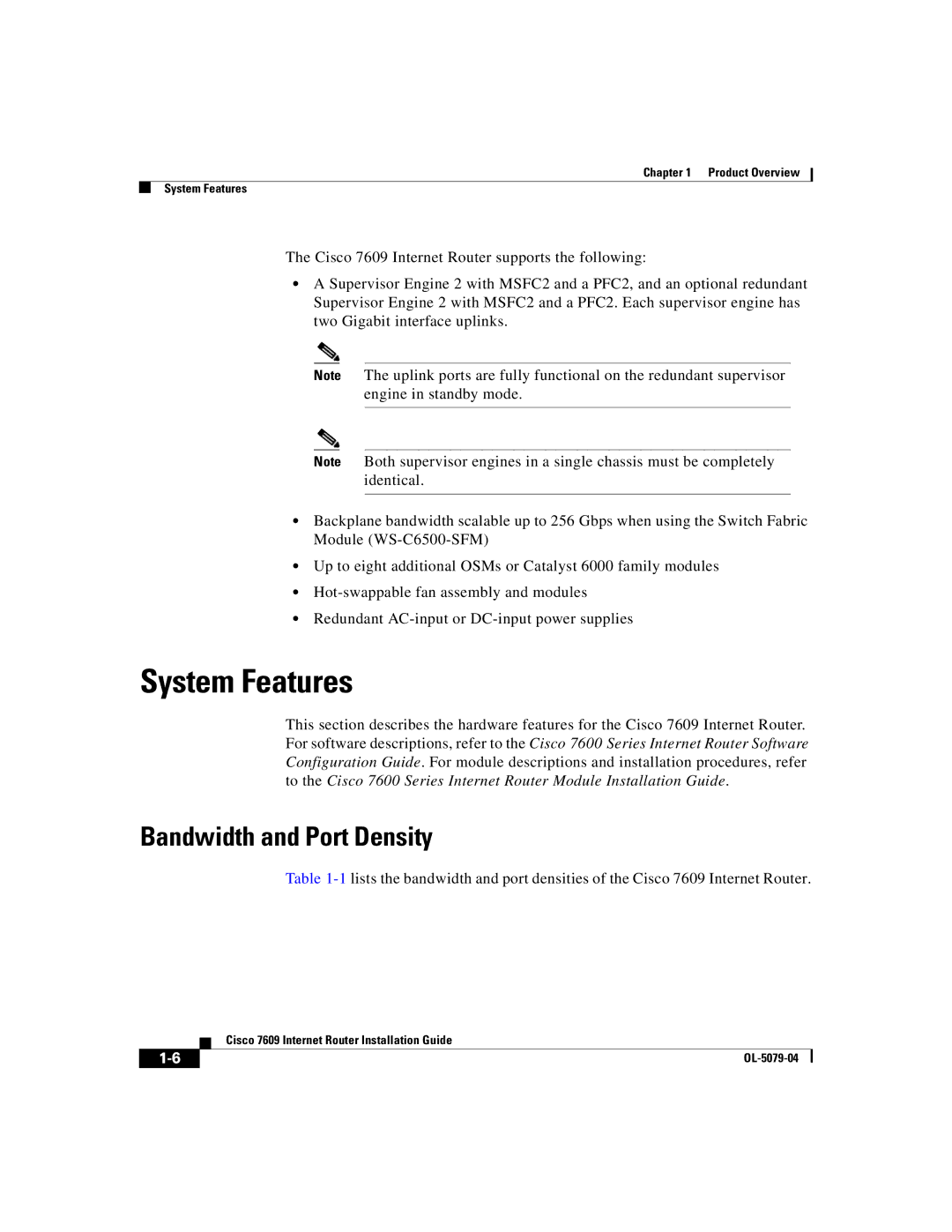 Cisco Systems 7609 manual System Features, Bandwidth and Port Density 