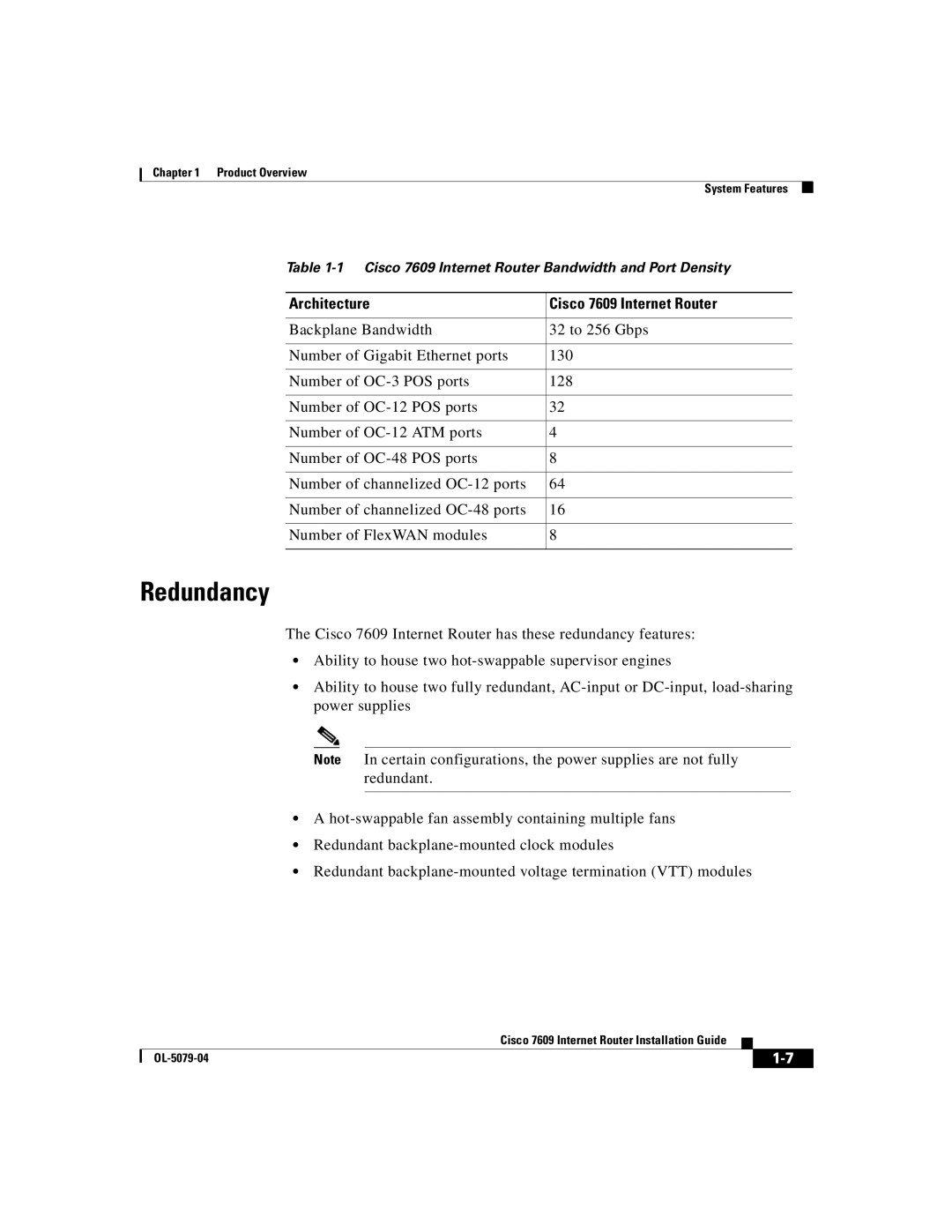 Cisco Systems manual Redundancy, Architecture Cisco 7609 Internet Router 