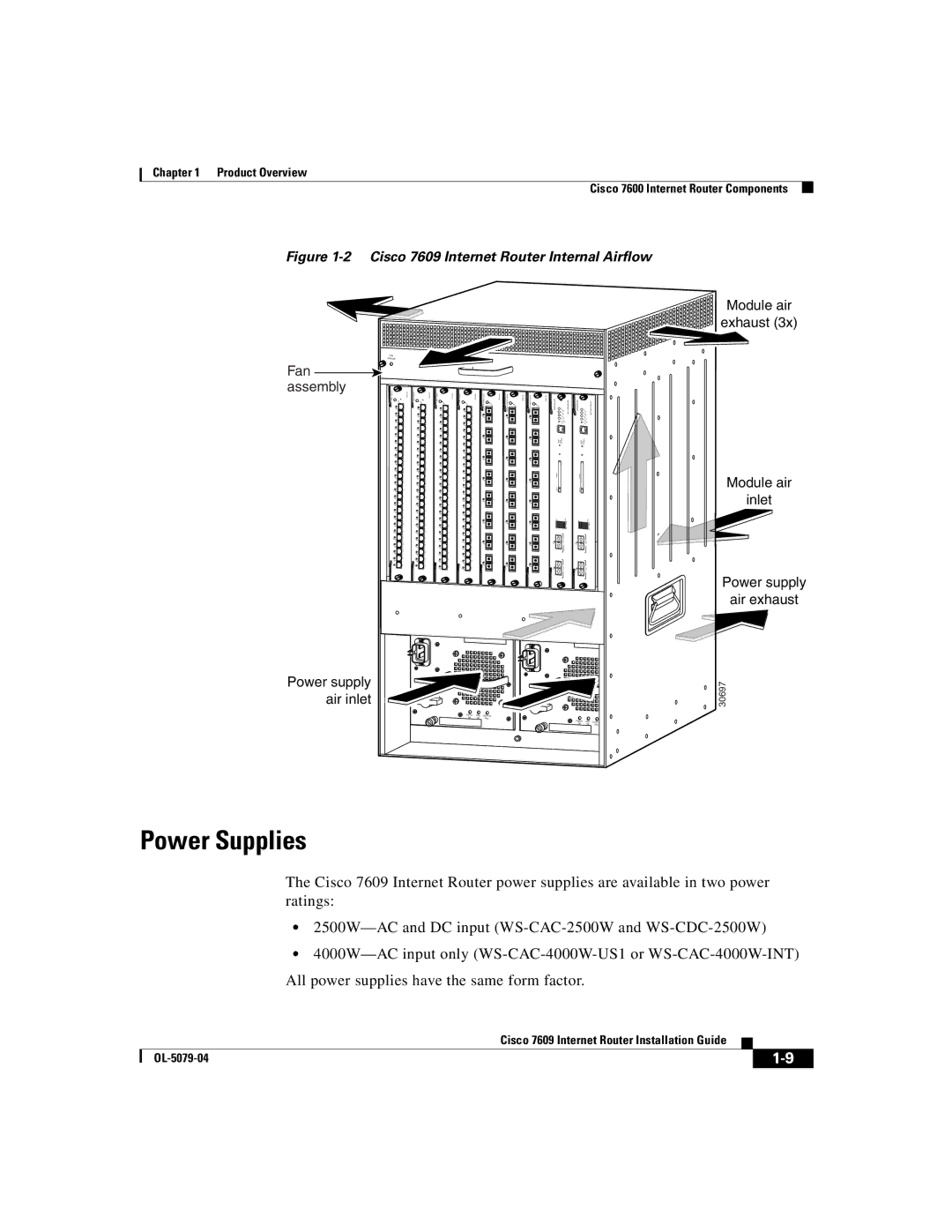 Cisco Systems manual Power Supplies, Cisco 7609 Internet Router Internal Airflow 