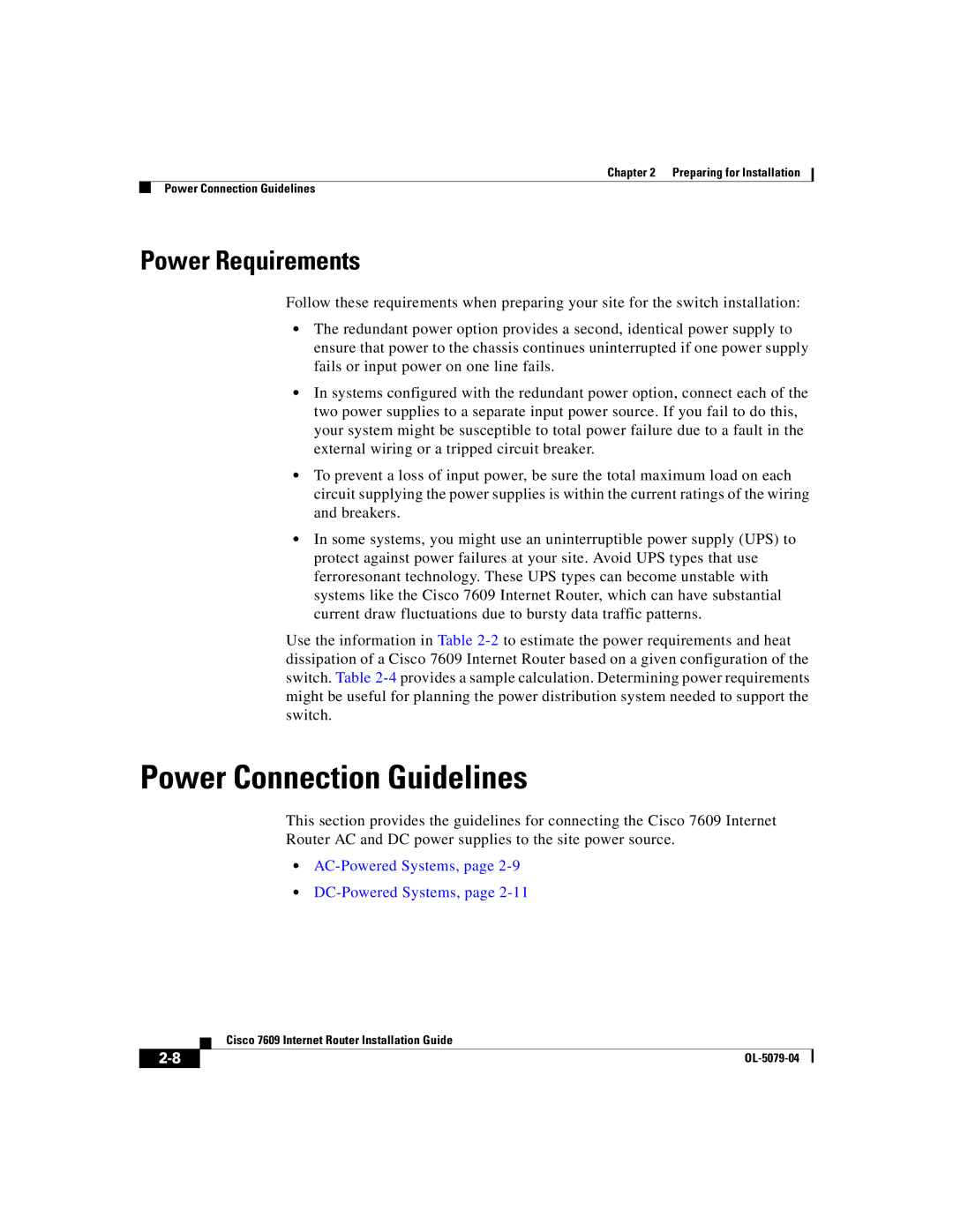 Cisco Systems 7609 manual Power Connection Guidelines, Power Requirements 