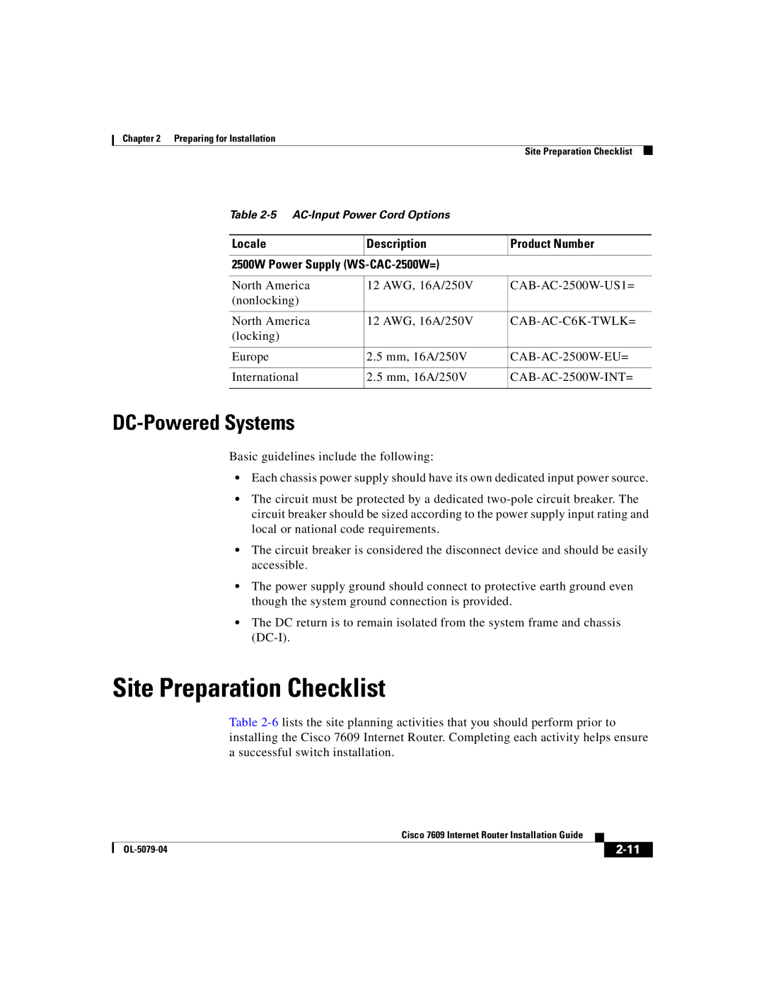 Cisco Systems 7609 manual Site Preparation Checklist, DC-Powered Systems 