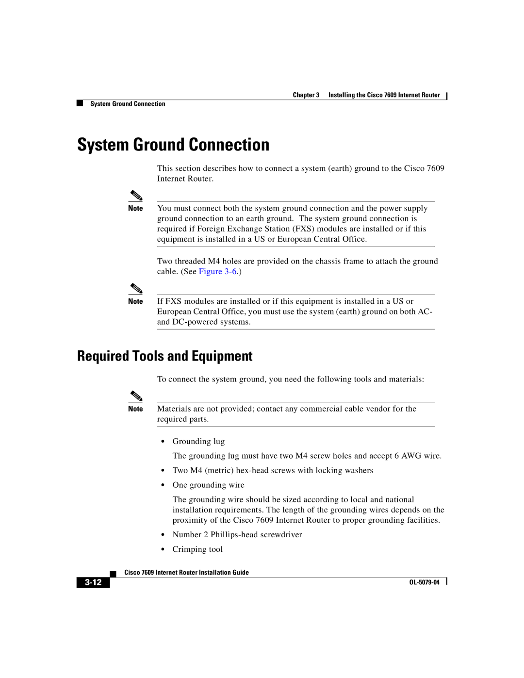 Cisco Systems 7609 manual System Ground Connection, Required Tools and Equipment 