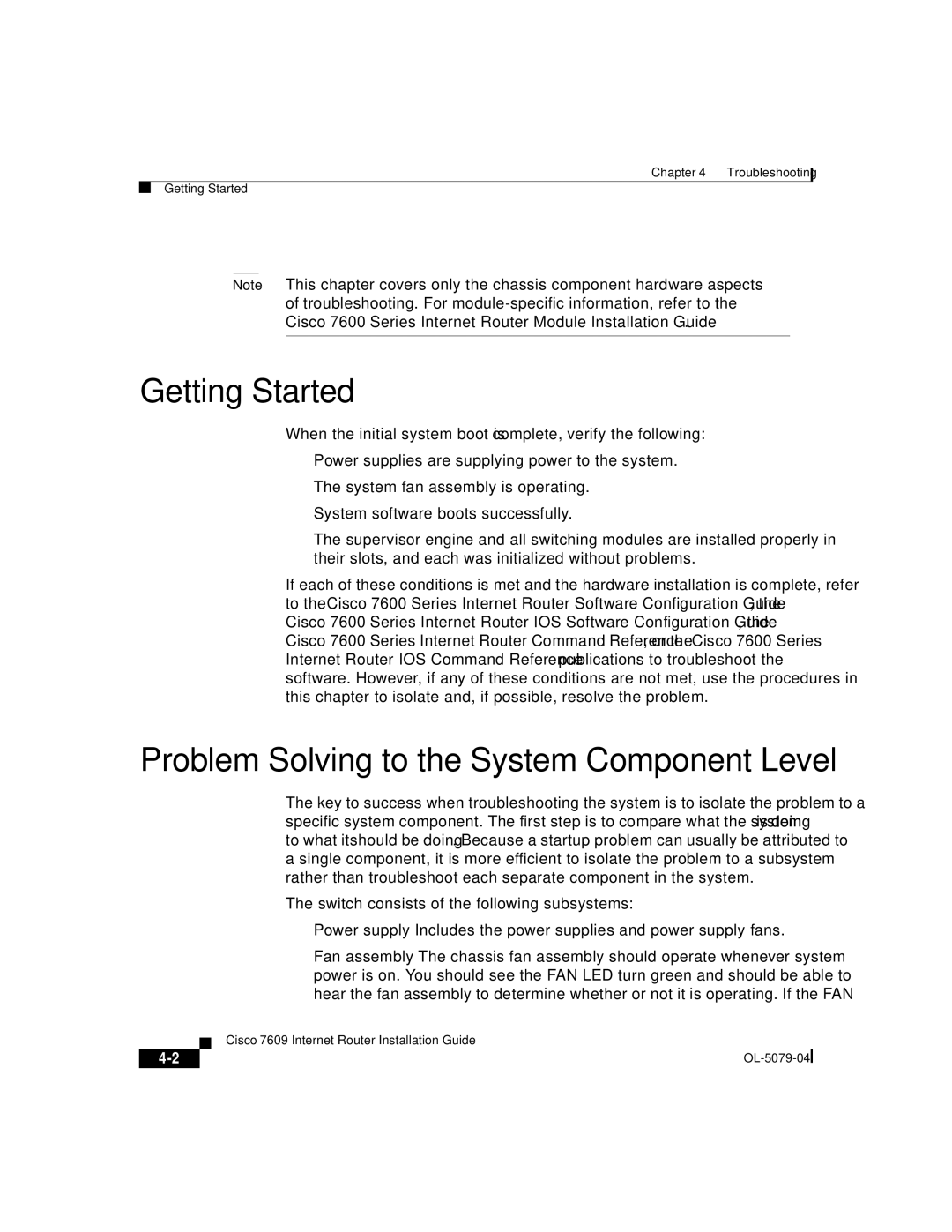 Cisco Systems 7609 manual Getting Started, Problem Solving to the System Component Level 