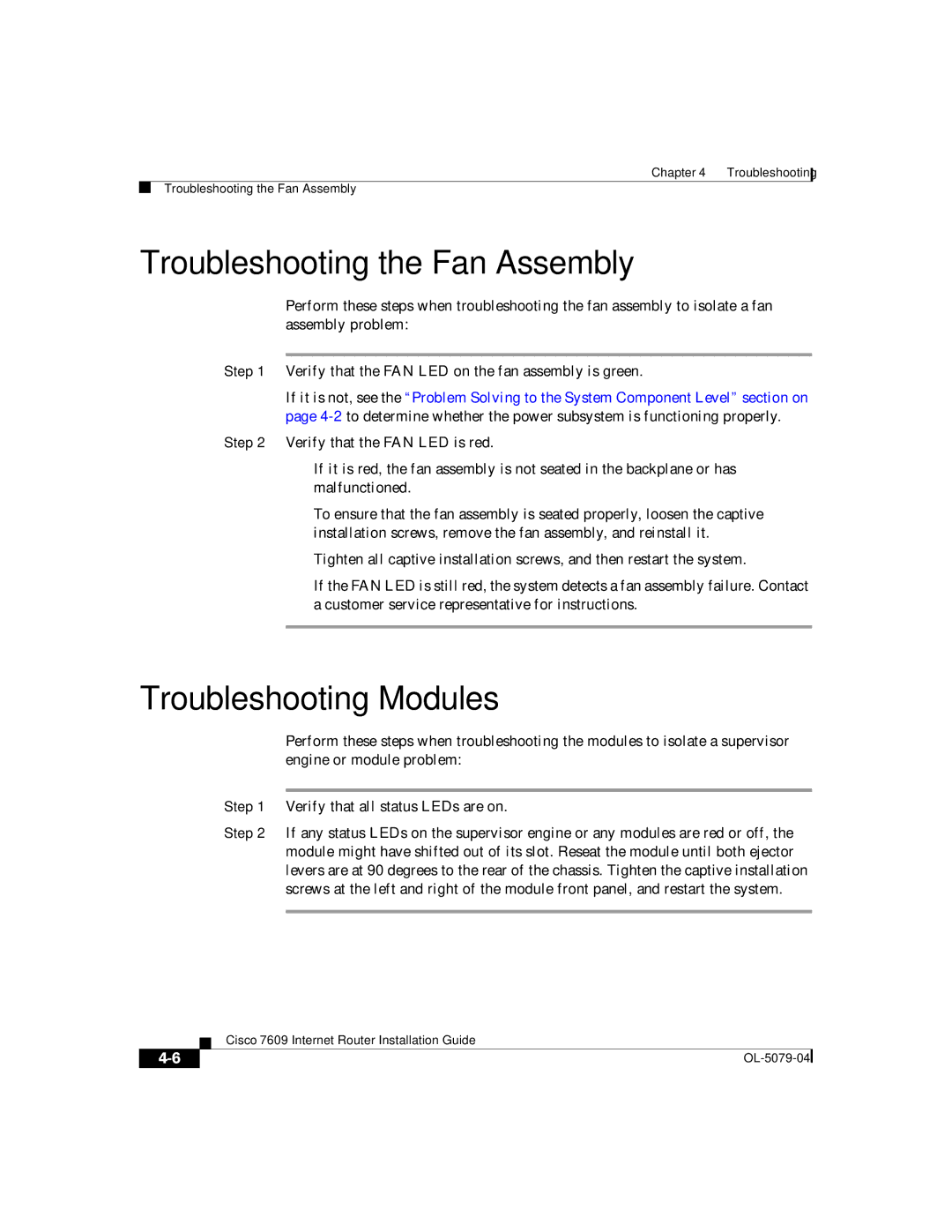 Cisco Systems 7609 manual Troubleshooting the Fan Assembly, Troubleshooting Modules 