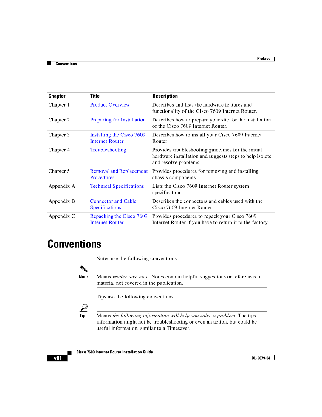 Cisco Systems 7609 manual Conventions, Chapter Title Description 