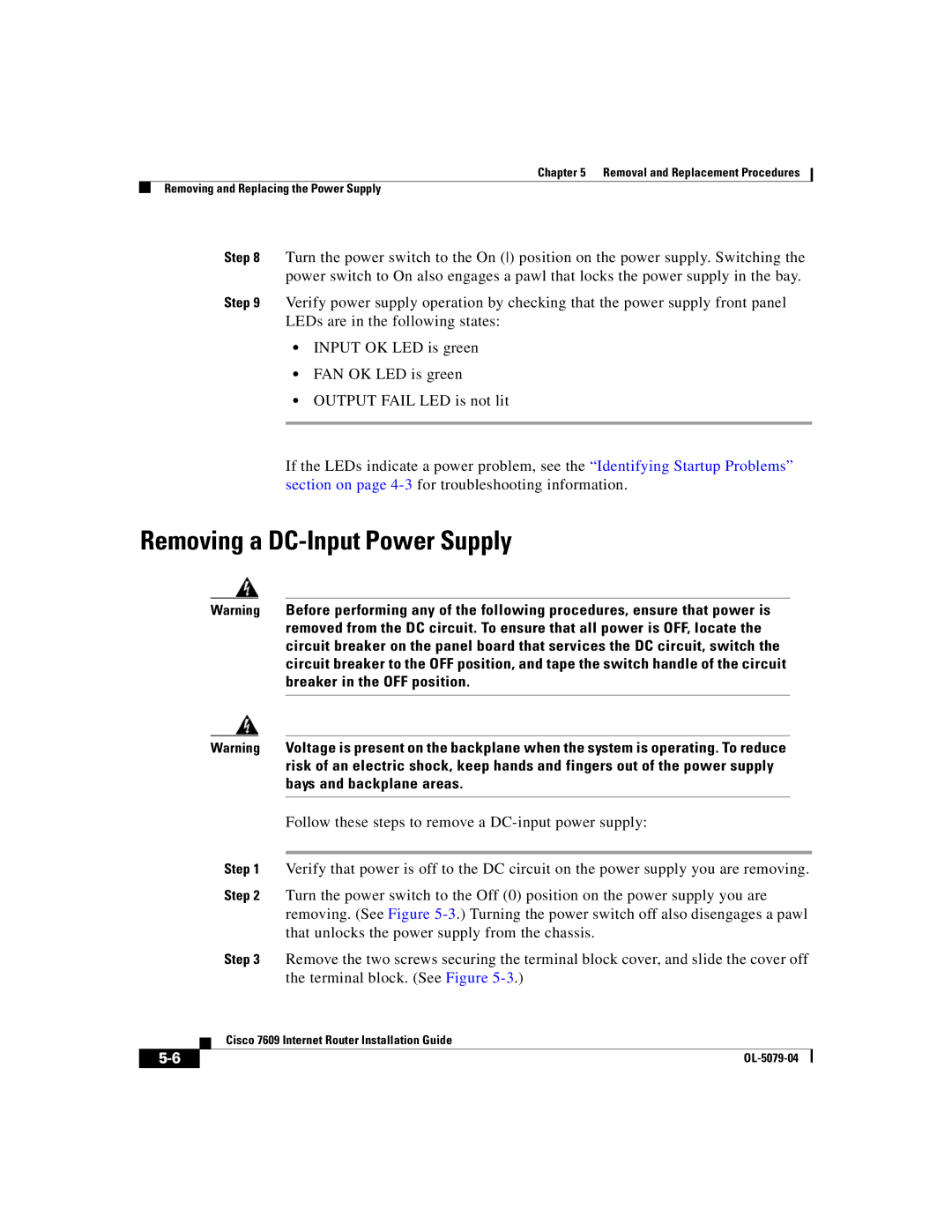 Cisco Systems 7609 manual Removing a DC-Input Power Supply 