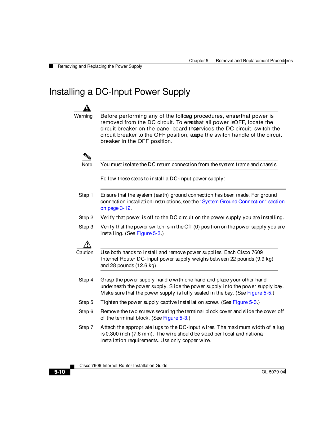 Cisco Systems 7609 manual Installing a DC-Input Power Supply 