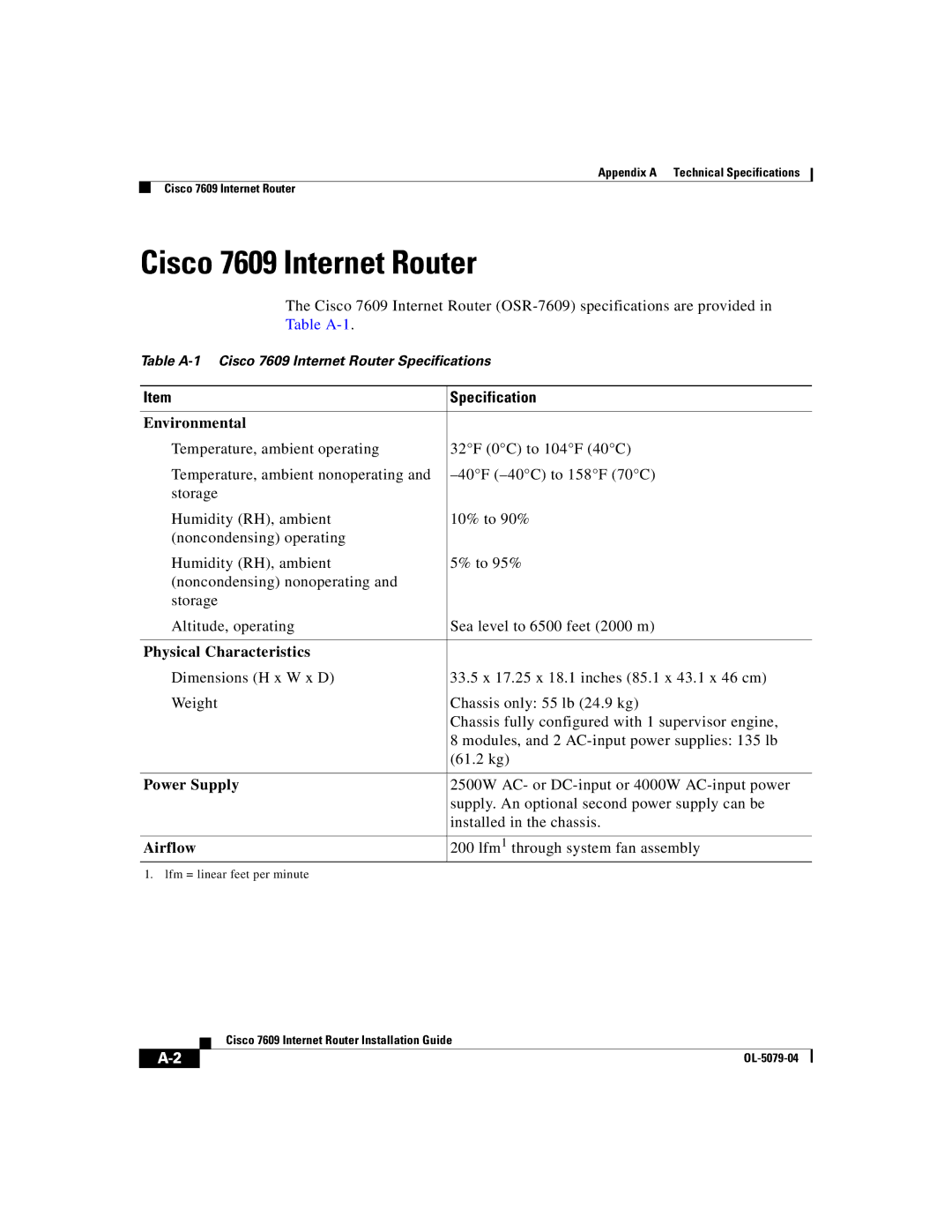 Cisco Systems 7609 manual Specification, Environmental 