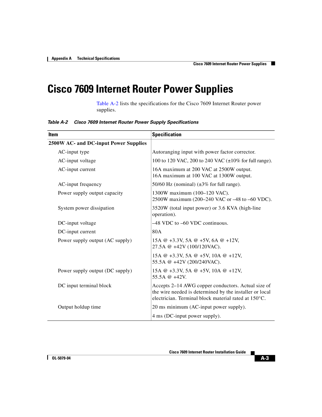 Cisco Systems manual Cisco 7609 Internet Router Power Supplies, 2500W AC- and DC-input Power Supplies 