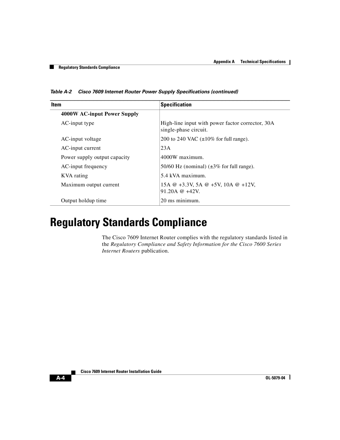 Cisco Systems 7609 manual Regulatory Standards Compliance, 4000W AC-input Power Supply 