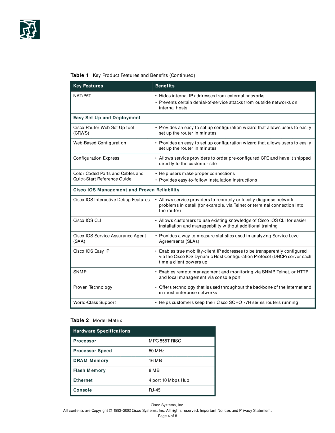 Cisco Systems 77H manual Easy Set Up and Deployment, Cisco IOS Management and Proven Reliability, Processor, MPC 855T Risc 