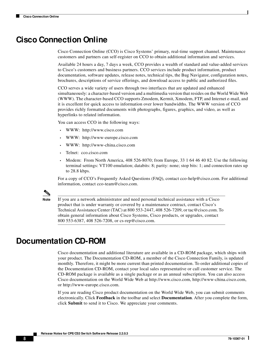 Cisco Systems 78-10367-01 manual Cisco Connection Online, Documentation CD-ROM 