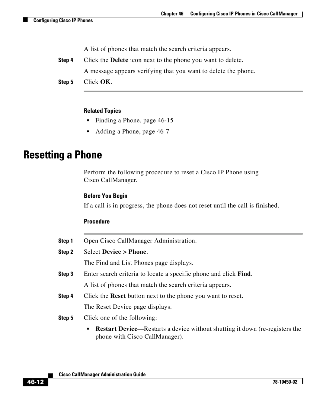 Cisco Systems 78-10450-02 manual Resetting a Phone, Before You Begin, 46-12 